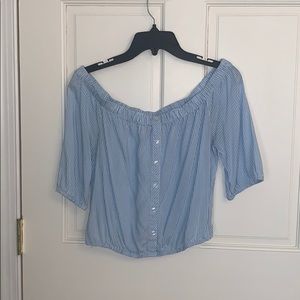 Off the shoulder blue and white cropped shirt